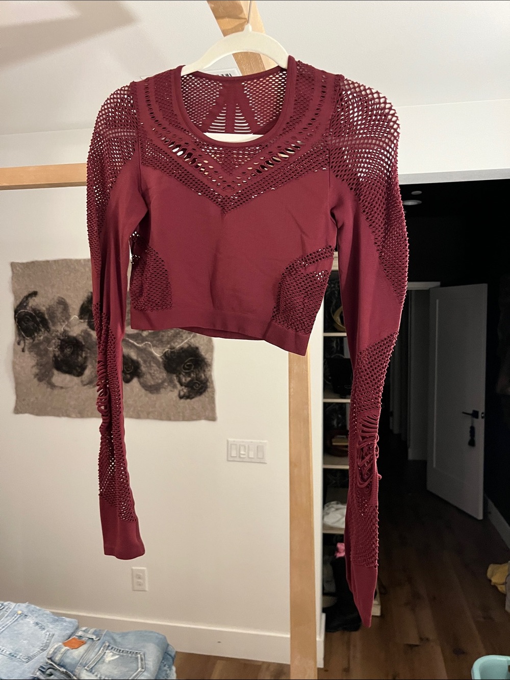 Alo Long Sleeve Cropped Mesh Detail Top - Burgundy
